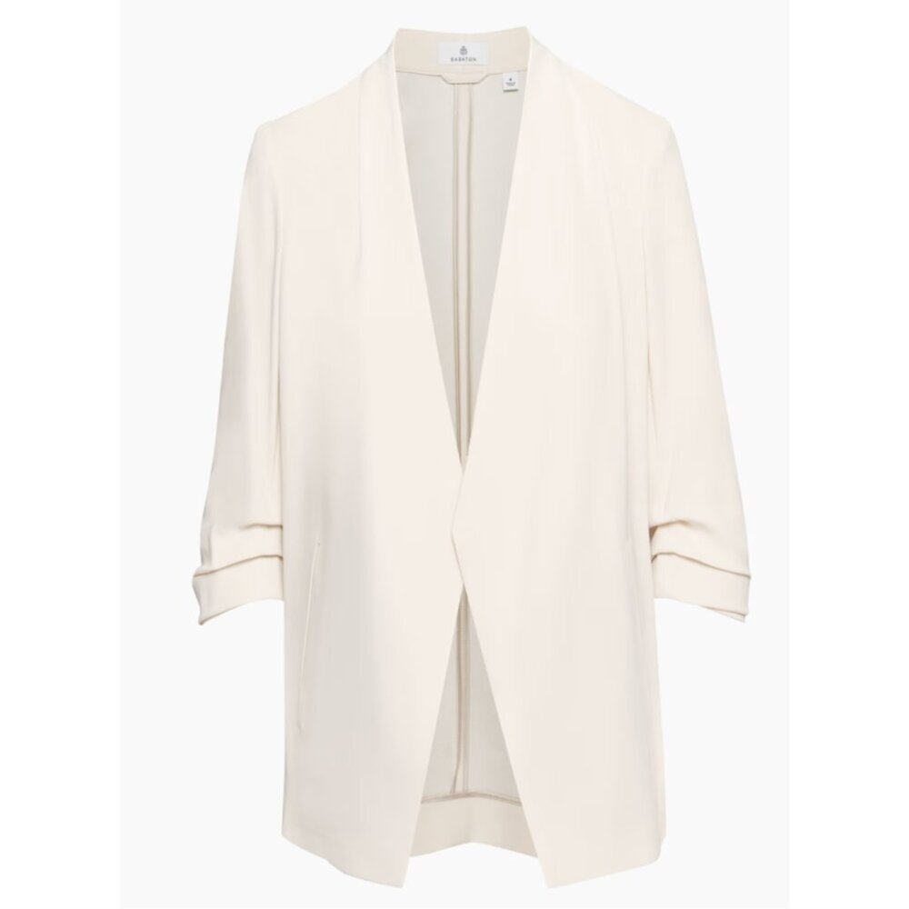 Babaton Modern Minimalist Mirror Crepe Blazer with Ruched Sleeves White Size 8
